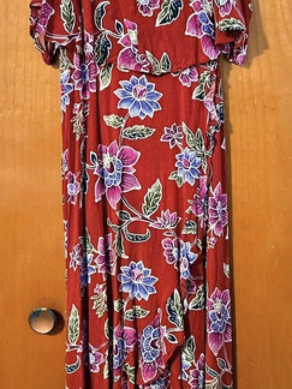 Forever 21 Cold Shoulder Floral Ruffle High-Low Maxi Dress Red & Blue Medium